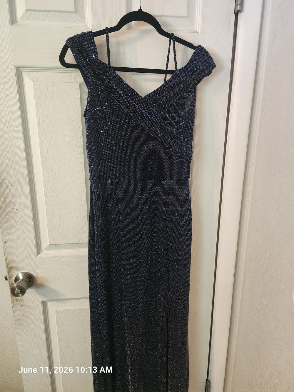 Off-Shoulder Navy Blue Sequin Maxi Dress